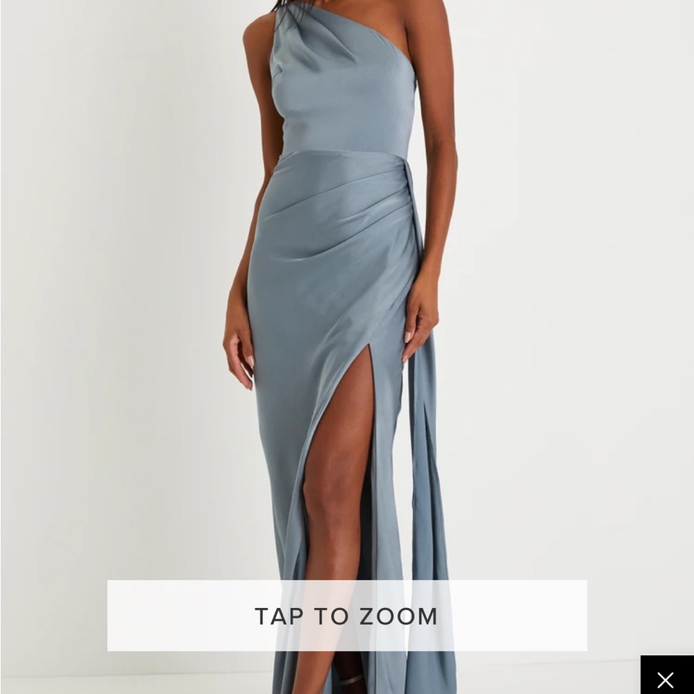 Slate Blue Satin One-Shoulder Maxi Dress